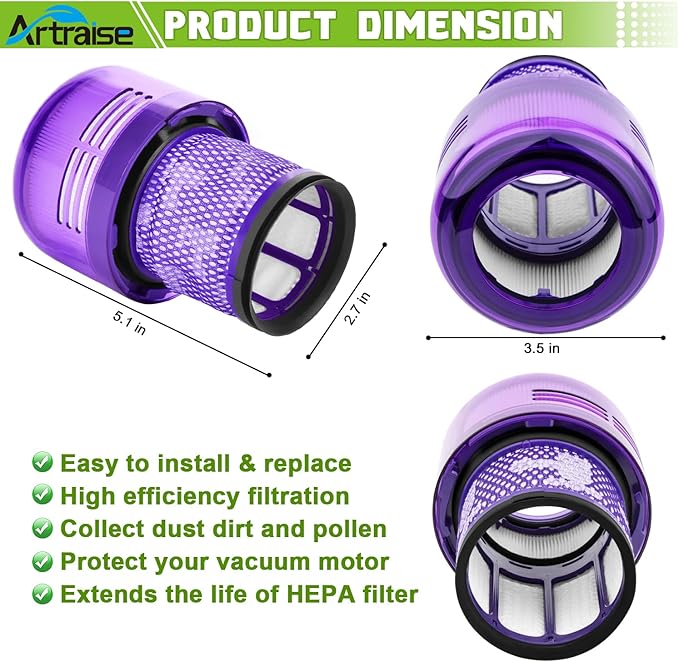 Artraise Vacuum Filter Replacement Parts Compatible with Dyson V15 V15s Detect, V11 Torque Drive V11 Animal V11 Complete V11 Extra Submarine Vacuums, Compare to Part 970013-02 (3 Pack Filters)
