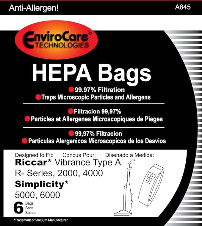 EnviroCare Replacement HEPA Filtration Vacuum Cleaner Dust Bags made to fit Riccar Vibrance Type A R-Series, 2000, 4000, Simplicity 5000, 6000 6 Pack