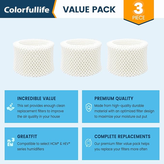 Colorfullife 3 Pack HAC-504 Humidifier Wicking Filters for Honeywell Humidifier HAC-504 HAC-504AW HAC504V1 HCM350 HCM-350W HCM-300T HCM-315T HCM-530 HCM-600 HCM-710 HEV-312, Replacement Filter A