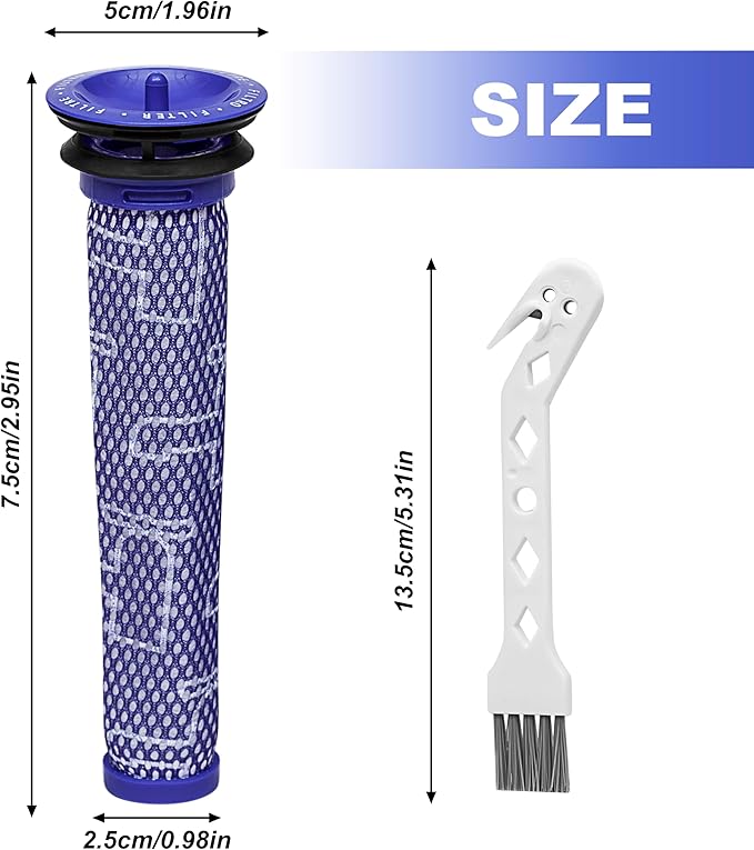 3 Pack Pre Filters Compatible With Dyson V6, V7, V8, DC58, DC59, DC61, DC62 Absolute Animal Cordless Vacuum Cleaners - Replaces Part # 965661-01 - 3 Filters With 1 Brush