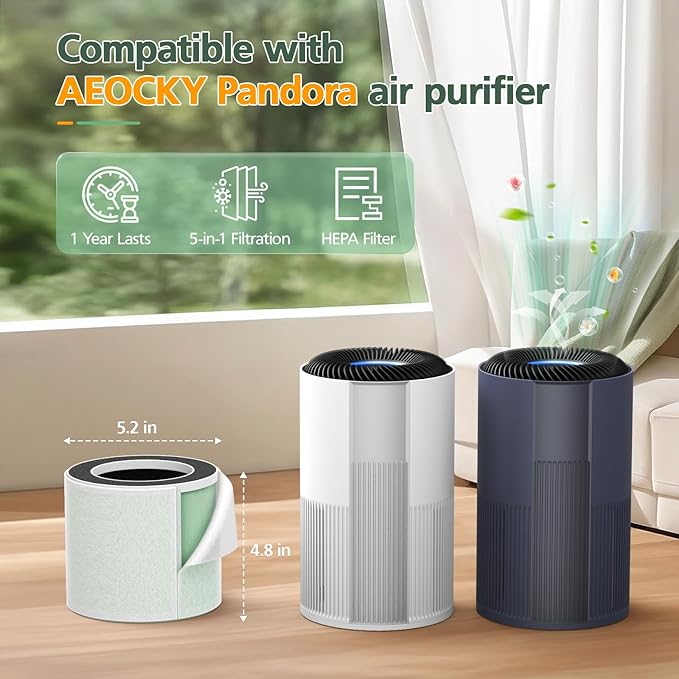 5-in-1 HEPA Air Purifier Filter for Aeocky Pandora, with Extra 2 Washable Pre-Filter, 2 Pack (Green VOCs)