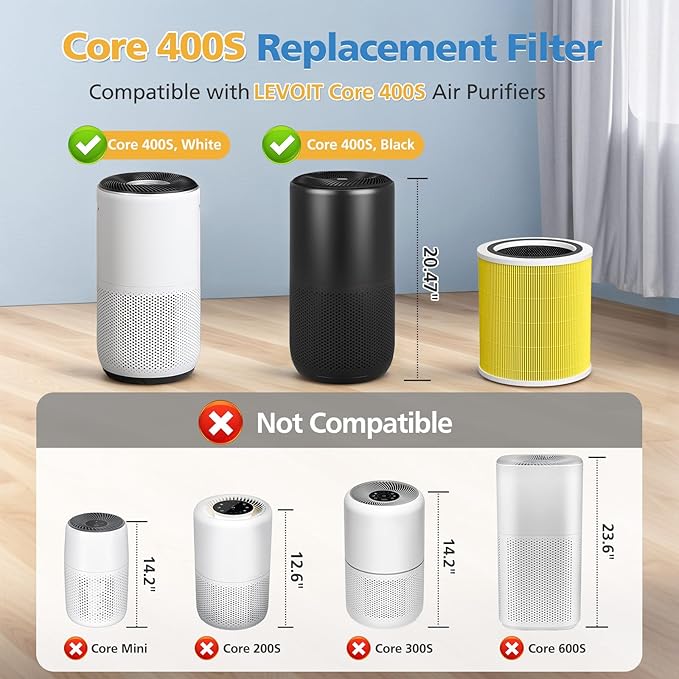 Core 400S-P Replacement Filter for LEVOIT Core 400S-P Smart Air Purifi-er, 3-IN-1 HEPA and Activated Carbon Filter, Compared to Part# Core 400S-RF(LRF-C401S-P-WUS), Yellow