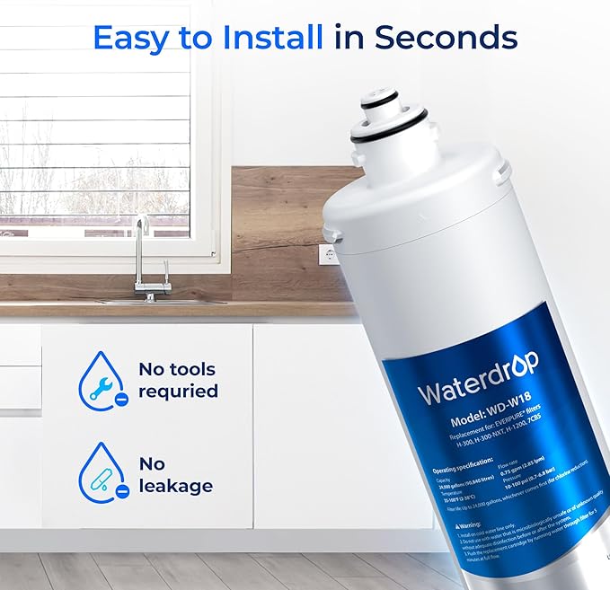 Waterdrop H-300 Under Sink Water Filter, Replacement Cartridge for Everpure H-300, H-300-NXT, 7CB5, EV9270-71, EV9270-72, EV9618-11, EV9855-50, EV9282-01, 24000 Gallons, Pack of 1