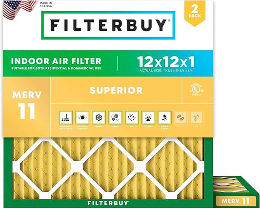 Filterbuy 12x12x1 Air Filter MERV 11 Superior Pet & Allergy Defense (2-Pack), Electrostatic Pleated HVAC AC Furnace Filters Replacement (Actual Size: 11.75 x 11.75 x 0.75)