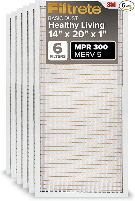 Filtrete 14x20x1 Air Filter MERV 5, 6-Pack AC Furnace Filters for Home HVAC, MPR 300 Basic Dust Defense, Removes Lint & Household Dust, 3-Month Pleated Electrostatic (Actual Size 13.81x19.81x0.81 in)