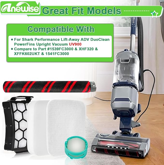 Filter Replacement Parts for Shark UV900 UV950 Pet Performance Lift-Away DuoClean PowerFins Upright Vacuum, 1 Brush +2 HEPA +4 Foam Felt Filters+2 Odor Neutralizer Cartridges, Part #XFFK602UKT, XHF320
