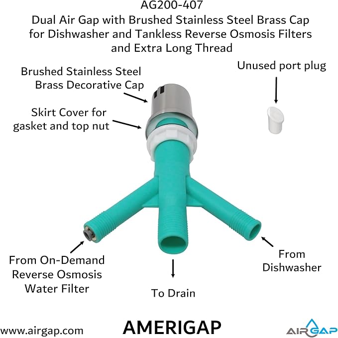 Dual Air Gap with Brushed Stainless Steel Brass Cap for Dishwasher and Tankless Reverse Osmosis Filter and Extra Long Thread (AG200-407, AG200-X07, AMERIGAP)