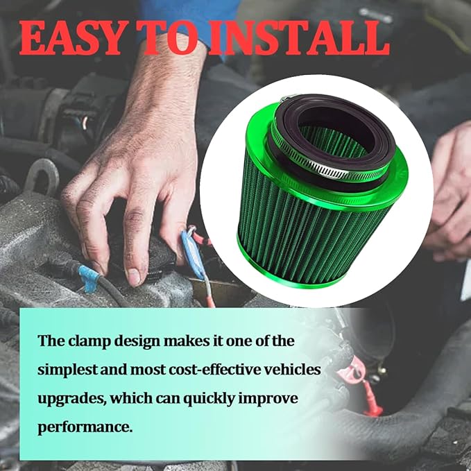 Car Clamp-On Air Intake Filter, 3 In 3.5 In 4 In Round Tapered Vehicle Cone Air Filters, High-Performance ＆ Washable Auto Replacement Intake Filtering Accessories, Universal Fit (Green)