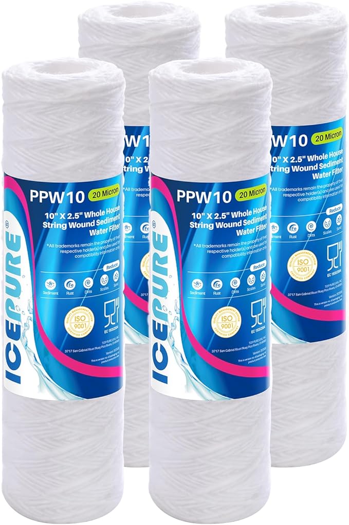 ICEPURE 20 Micron 10" x 2.5" Whole House String Wound Sediment Water Filter for Well filter Replacement for Aqua-Pure AP110, WP-5, Culligan P5, CFS110, CW-MF, WFPFC4002, Any 10 inch RO Unit, 4PACK