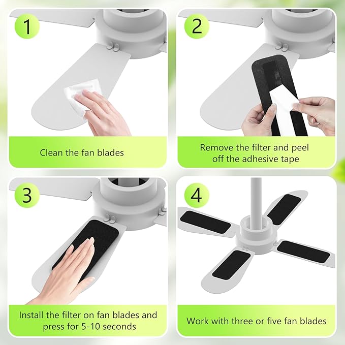 10 Pack Ceiling Fan Filters for Blades, Activated Coconut Carbon Fan Filter for Ceiling Fan, Easy-Stick Universal Air Filter for Common Household Contaminants
