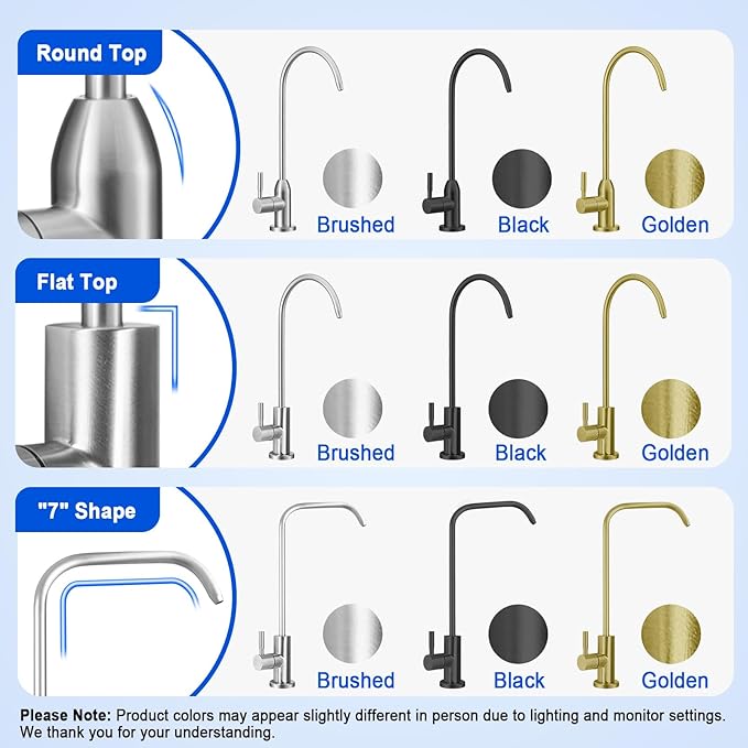 Drinking Water Faucet - Long Thread Stem Filtered Water Tap for Thick Countertop,Lead-Free RO Faucet with Hose and Push Connect Fittings(Matte Gold - "7" Shape)