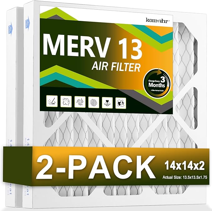 14x14x2 Air Filter MERV 13 (2-Pack), HVAC/Furnace AC Filter Replacement, Dust Defense–Comparable with MPR 1500-1900 & FPR 10 (Actual 13.5x17.5x1.75)