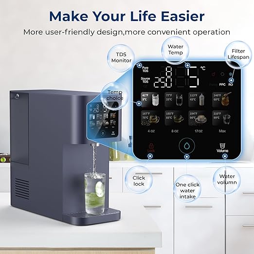 TOKIT Reverse Osmosis Water Filter Countertop T1 Ultra Cold & Hot Dual UV Water Dispenser 5℃ Cooling and Instant Heating RO Water Filtration System 8 Temp Choice, NSF/ANSI 58, No Installation for Home