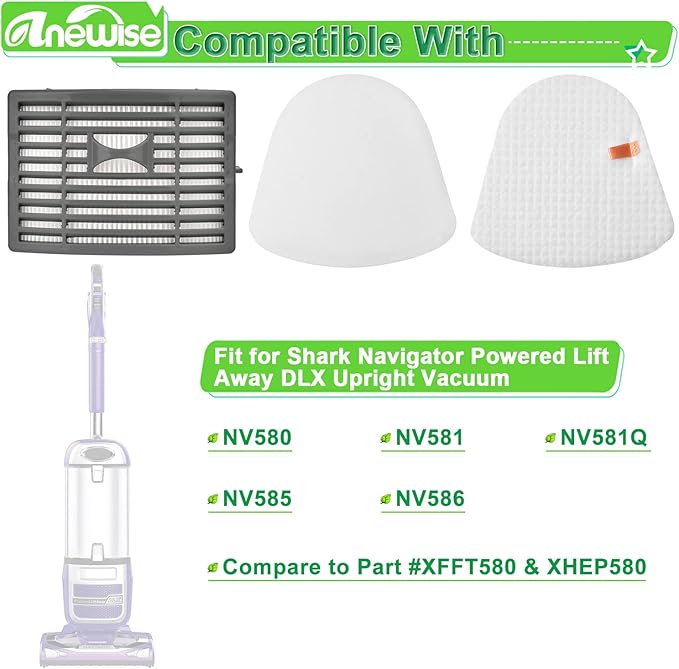 Filter Replacement for Shark Navigator NV586 NV581 NV581Q NV585 NV580 Powered Lift Away DLX Upright Vacuum, 1 HEPA Post Filter +2 Foam & Felt Filters, Compare to Part # XFFT580 & XHEP580
