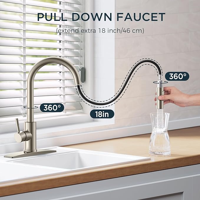 FORIOUS Brushed Nickel Kitchen Faucet with Soap Dispenser, High Arc Modern Sink Faucet with Pull Down Sprayer and Deck Plate, Stainless Steel Fit for 1 or 3 Hole for Pot Filler Bar Rv
