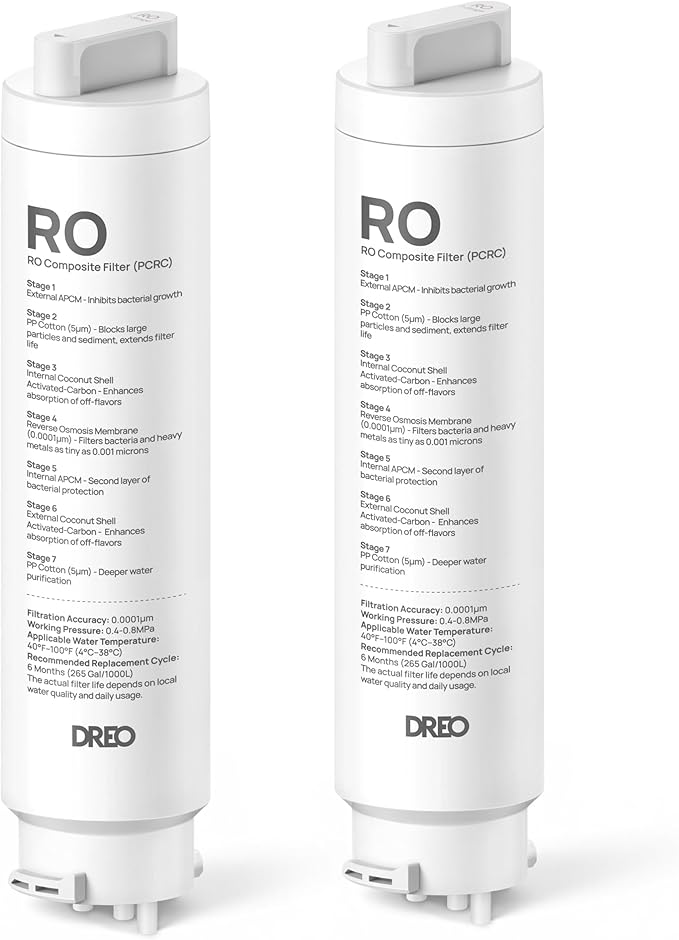 DREO 2-Pack Reverse Osmosis Filter, Replacement for DREO RO Water Filter 112 & 113 & 114 & 115, Removes 99.99% of Contaminants including PFOA, PFOS, Chlorine, 6-12 Month per Cartridge, SGS Tested
