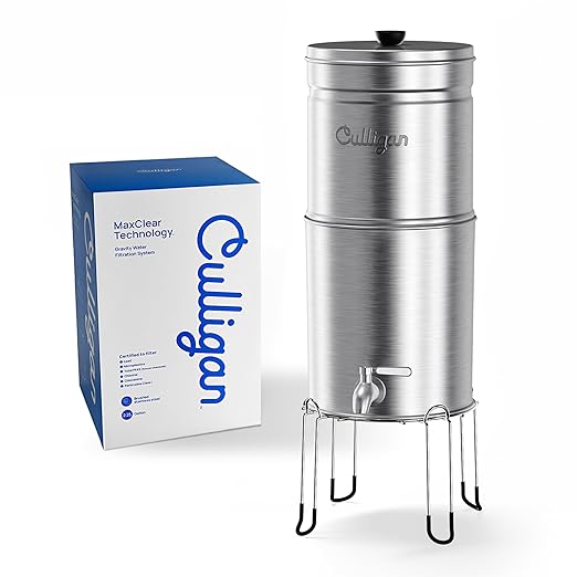 Culligan MaxClear 2.25 Gallon Gravity Water Filter System, Brushed Stainless-Steel Countertop Water Filter NSF/ANSI Certified to Reduce Microplastics, Lead & Total PFAS, with 4 Ceramic Filters