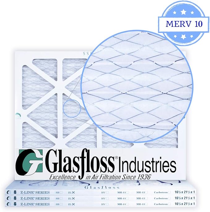 Glasfloss 16-3/8 x 21-1/2 x 1 Air Filters (Case of 4), MERV 10, Pleated, Made in USA