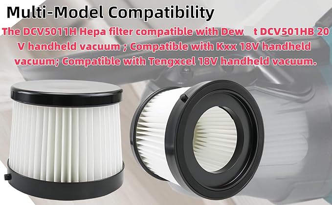 DCV501HB DCV5011H Replacement HEPA Filters. Compatible With DeWALT 20V Vacuum Cordless Handheld Vacuum Filter. Compared To Part DCV5011H DCV501HB Filter. Washable And Reusable Kits.4 Packs