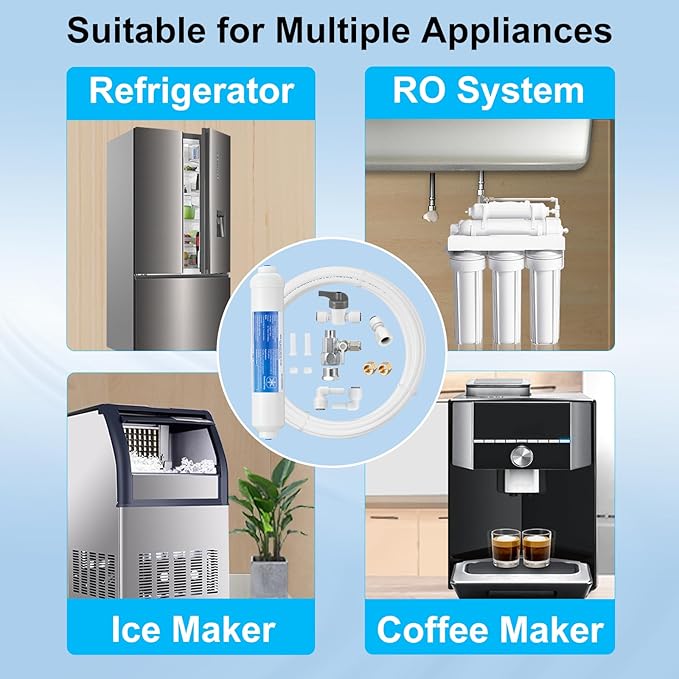 Inline Water Filter Kit for Ice Maker and Refrigerator,Include Feed Water Valve + 30FT 1/4 Inch O.D.RO Water Tubing