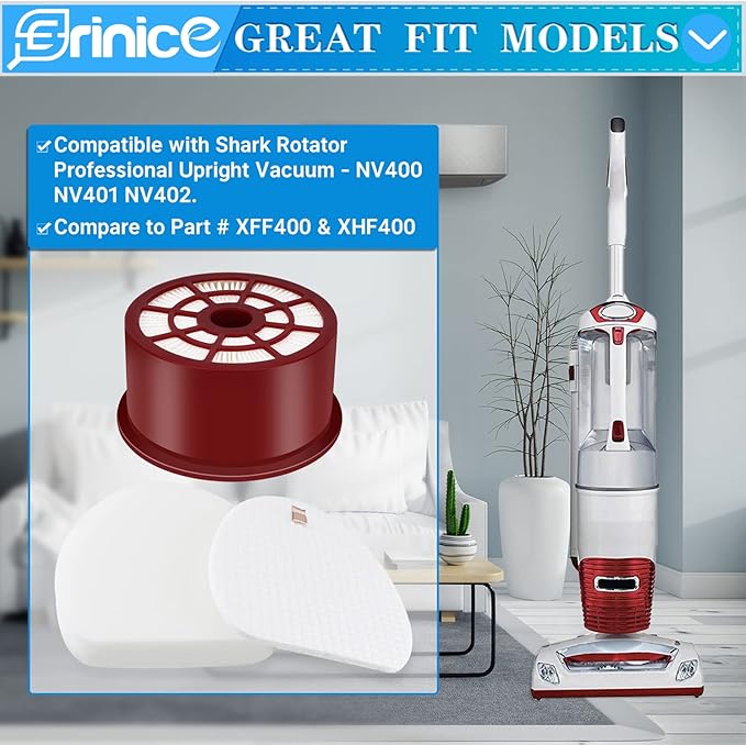 NV400 Filter Replacement for Shark Rotator Professional Upright Vacuum NV400 NV401 NV402 Accessories Washable Reusable Spare Part,1 HEPA + 2 Foam Filters Set, Compare to Part # XFF400 & XFH400