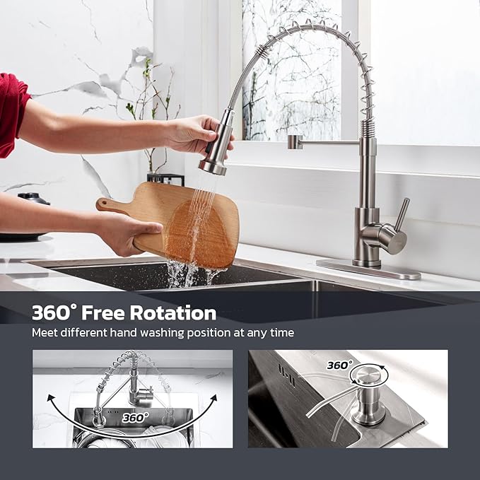 WEWE Kitchen Sink Faucet with Soap Dispenser, Kitchen Faucet with Pull Down Sprayer Stainless Steel Single Handle High Arc Pull Out Brushed Nickel Faucet for Bar Laundry RV Utility Sink