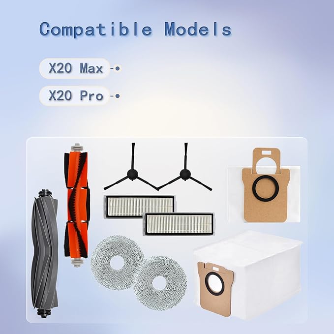 Replacement Accessories Kit Compatible with Xiaomi X20 Max, X20 Pro Robot Vacuum, Include 2 Main Brush + 6 Side Brushes + 4 HEPA Filters + 8 Mop Clothes +6 Dust Bags