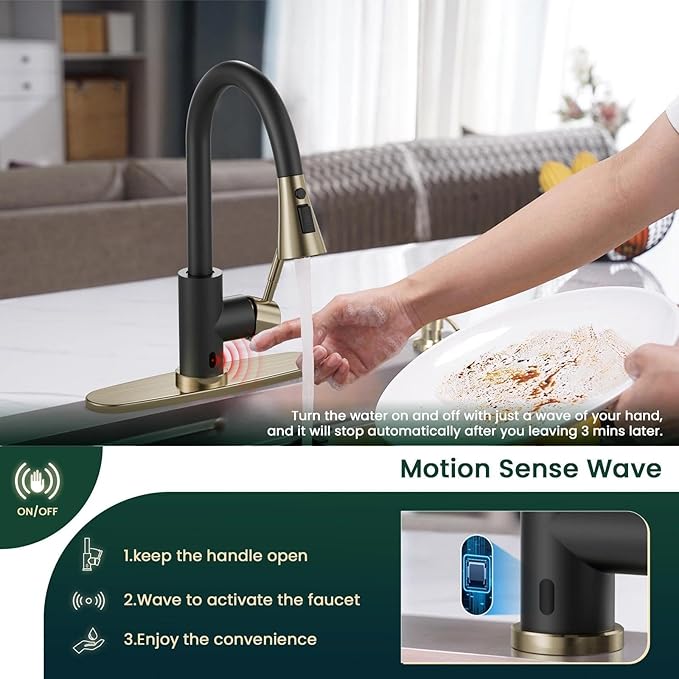 APPASO Black and Gold Kitchen Faucet, CUPC Certified Touchless Sink Faucet with Soap Dispenser and Pull Down Sprayer 3 Modes, High Arch Single Handle Hands Free Motion Sensor Kitchen Faucets