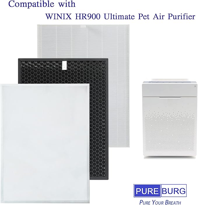 PUREBURG Replacement Filter Set Compatible with Winix HR900 Ultimate Pet Air Purifier, H13 HEPA + Activated Carbon Filter + 6 Pet Hair Pre-Filters 3-Stage Filtration