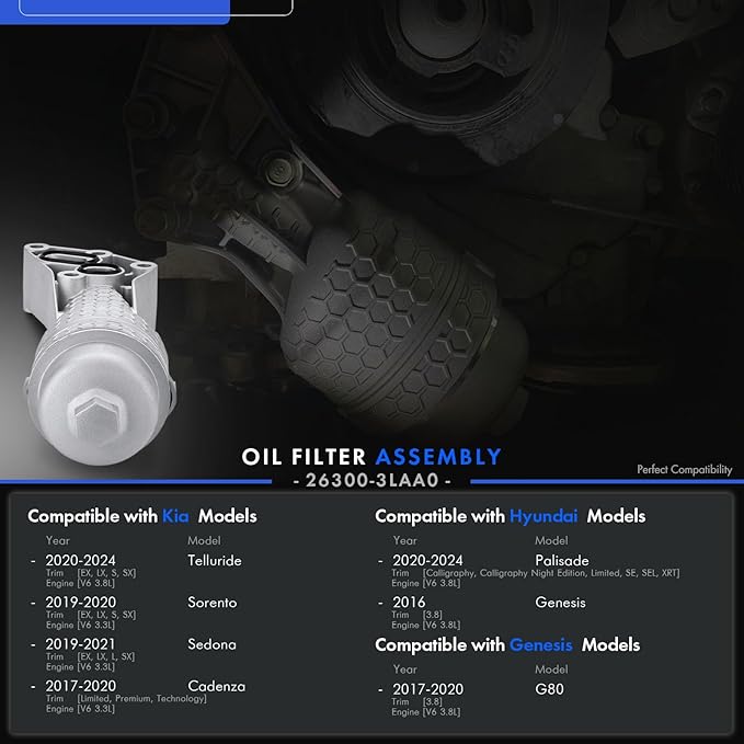26300-3LAA0 Upgrade Aluminum Oil Filter Complete Assembly Kit Fit for Hyundai Palisade 2020-2024 Genesis G80 2017-20 for Kia Telluride 2020-2024 for Kia Sorento Cadenza Sedona 2017-21,OEM-263003LAA0