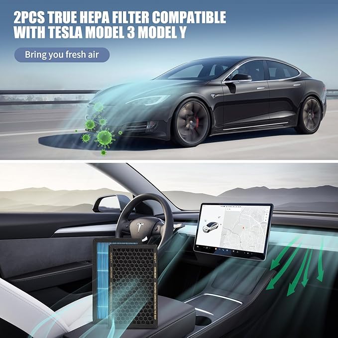 2-Pack Tesla Model 3/Y HEPA Cabin Air Filter Replacement (2016–2026), H13 True HEPA Activated Carbon Replacement for Model 3 Model Y, Odor-Free, Easy Install