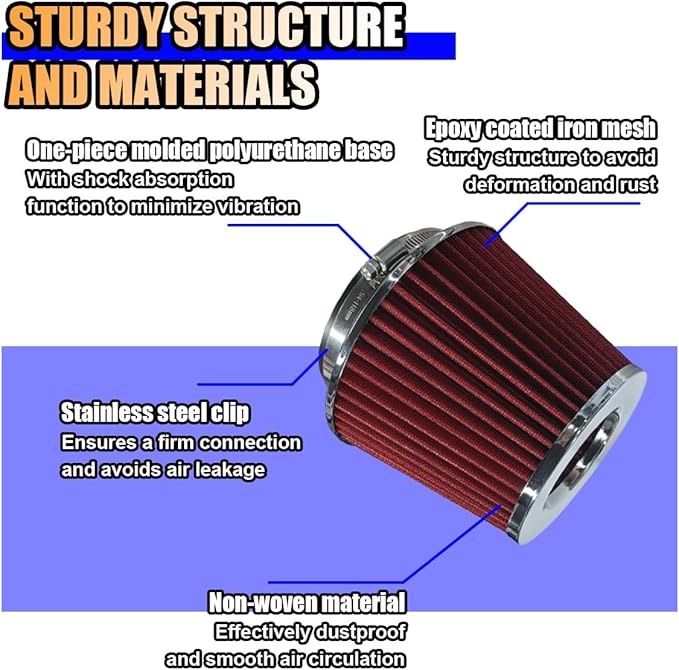 Universal Clamp-On Air Intake Filter, High Flow Closed-Top Cool Air Filter Cleaner, 76 89 102MM Performance Round Tapered Cone Air Filters, Washable Replacement Filter for Car Truck (Red)