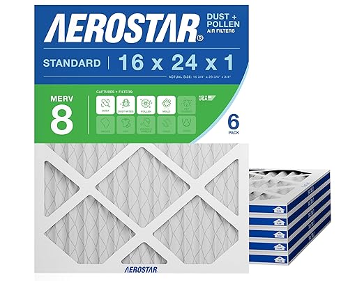 Aerostar 16x24x1 MERV 8 Air Filter, 6 Count, ACTUAL SIZE (15.75 x 23.75 x 0.75 ), HVAC, Air Conditioning & Furnace Filter Captures Dust, Lint & Pollen (MPR 600 / FPR 5), Made in USA