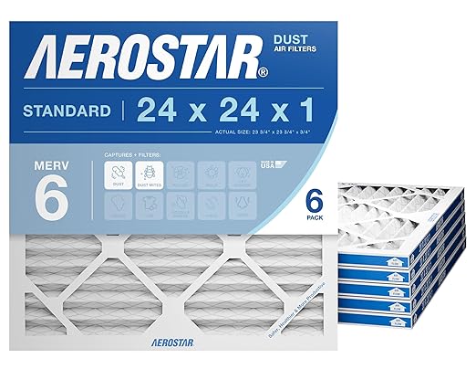 Aerostar 24x24x1 MERV 6 Air Filter, 6 Pack Set of HVAC Furnace Filters, Electrostatic MPR 300 (Actual Size: 23 3/4 x 23 3/4 x 3/4 inches)