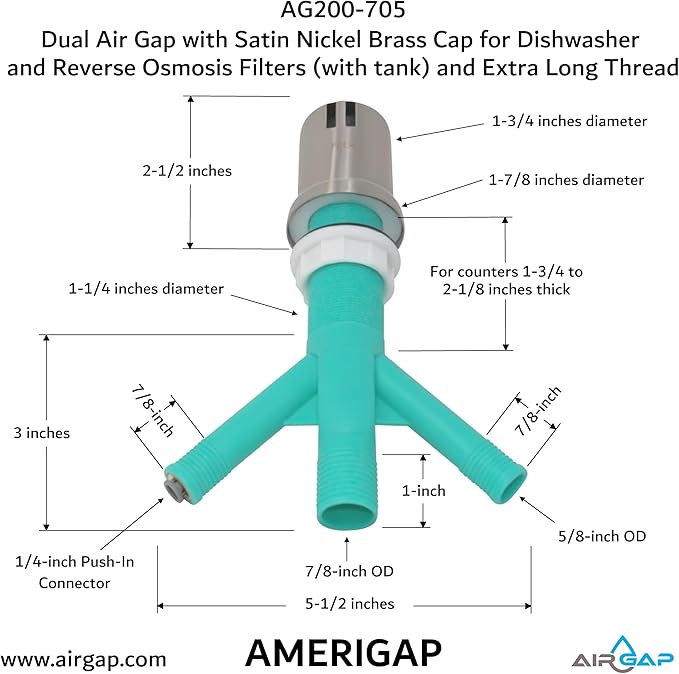 Dual Air Gap with Satin Nickel Brass Cap for Dishwasher and Reverse Osmosis Filters (with tank) and Extra Long Thread (AG200-705, AG200-X05, AMERIGAP)