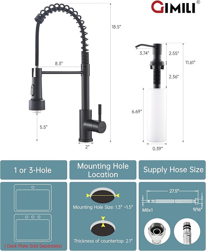GIMILI Matte Black LED Kitchen Faucet with Soap Dispenser, Modern Single Handle Spring Kitchen Sink Faucets with Pull Down Sprayer