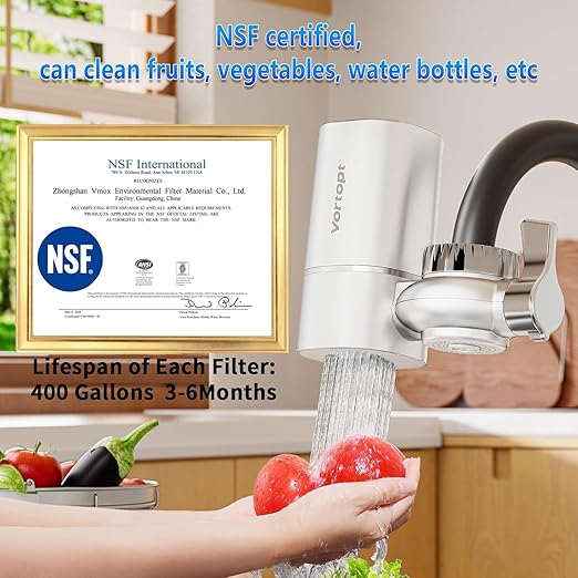 Vortopt Water Filter for Sink Faucet,NSF/ANSI 42 Certified Sink Water Filter,400 Gallon Capacity,Reduces 99% Chlorine & Odors,with 6 Replacement Cartridges.