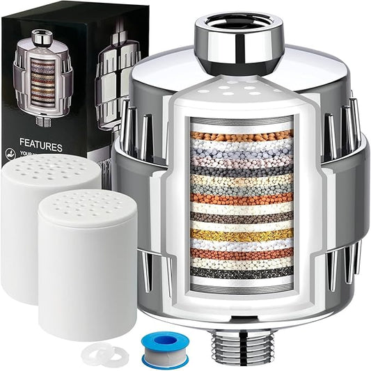 Shower Filter, 15 Stage Shower Head Filter for Hard Water with 2 Cartridges, High Output Shower Water Filter to Remove Chlorine, Fluoride and Other Impurities, Improves Skin Condition, Protects Hair