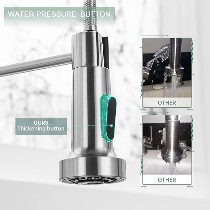 WEWE Kitchen Faucets, Brushed Nickel Kitchen Faucet with Pull Down Sprayer, Industrial Spring Single Handle Stainless Steel Kitchen Sink Faucet with Deck Plate, 1 Hole or 3 Hole for Laundry Rv