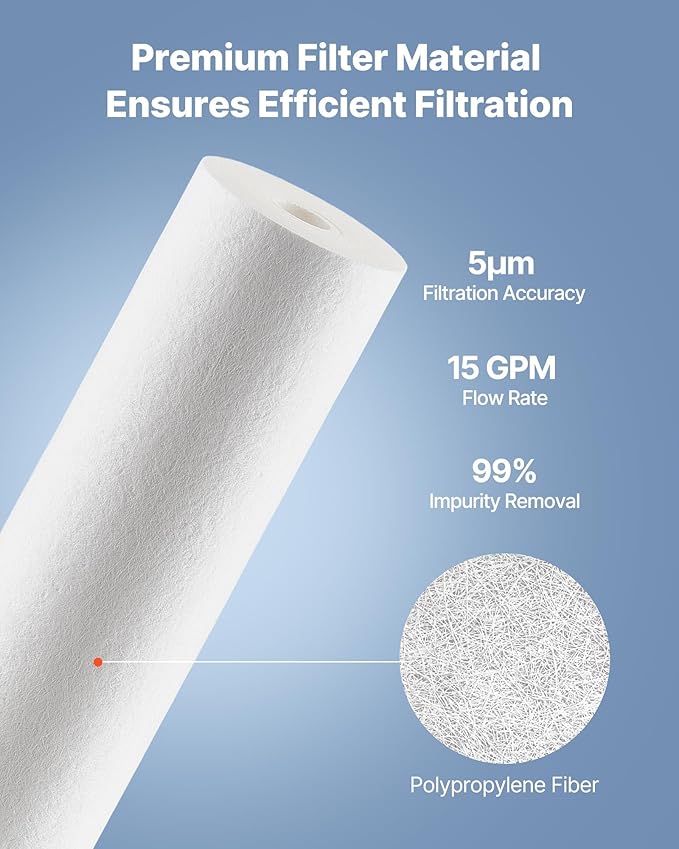VEVOR Sediment Water Filter Cartridge, Universal Fit 20 x 4.5 Inch, 5 Micron SED Whole House Replacement Filter, 100,000 Gal Capacity, Reduces Sand, Rust, Dirt, and Particles, 2Pack
