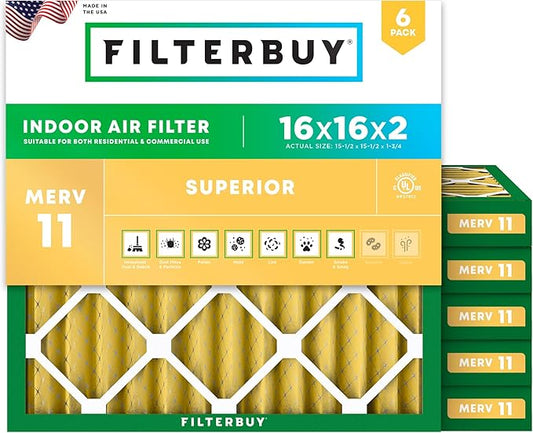 Filterbuy 16x16x2 Air Filter MERV 11 Superior Pet & Allergy Defense (6-Pack), Electrostatic Pleated HVAC AC Furnace Filters Replacement (Actual Size: 15.50 x 15.50 x 1.75)