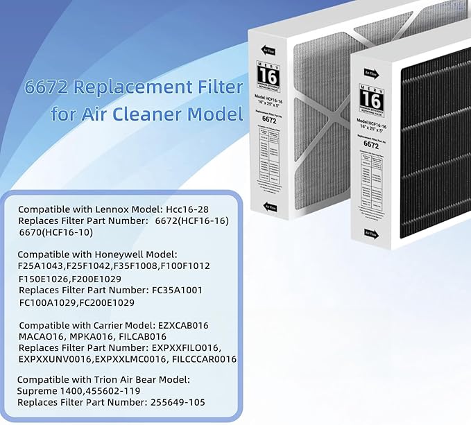 X6672 MERV 16 16x25x5 Furnace Filter Compatible with Lennox X6672 for Furnace HVAC System, Part #HCF16-16, 2 Pack