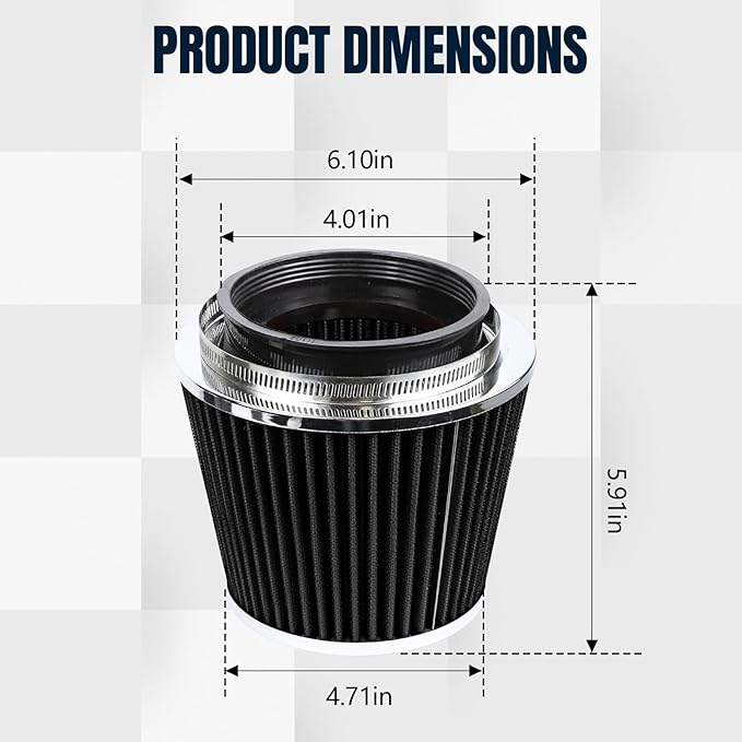 Hovom Universal Clamp-On Air Intake Filter, 76 89 102MM (3/3.5/4in) High Flow Round Tapered Cold Air Intake Filter, High Performance, Washable & Reusable, Engine Filters Replacement (Black)