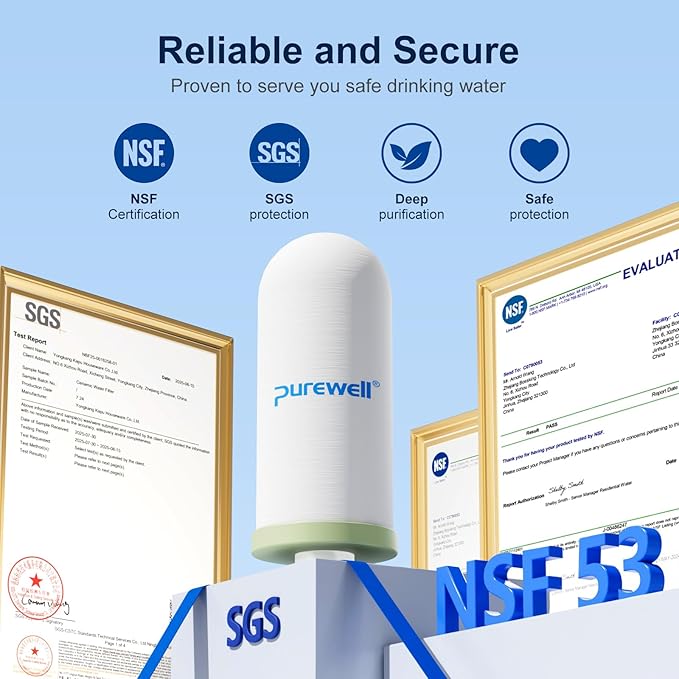 Purewell K Series 4-Stage 7-In Ceramic Water Filter Replacement, Certified to Remove 99% PFAS & Chlorine, Lead, Compatible with Berkey, ProOne & Doulton Gravity Water Filter System (4-Pack)