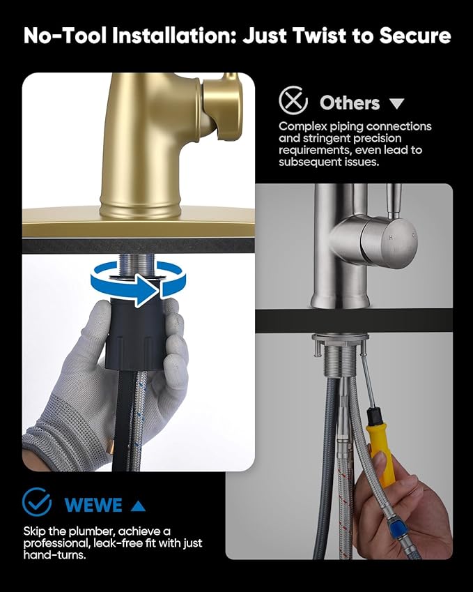 WEWE Vintage Kitchen Faucet with Pull Down Sprayer, Stainless Steel 1 or 3 Hole High Arc Single Handle Antique Sink Faucet for Classic Modern Ktichen, Gold Bar & Prep Sinks