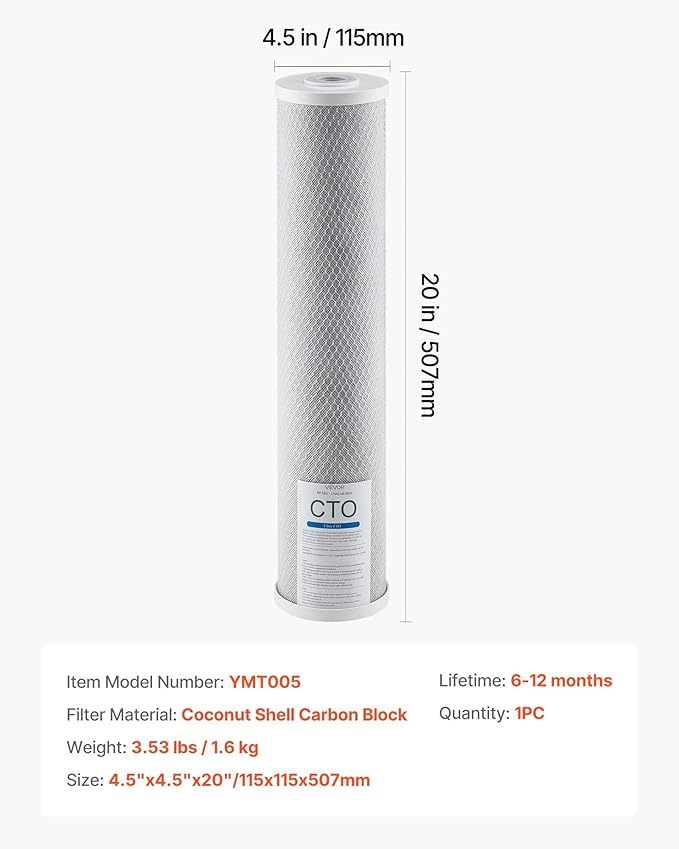 VEVOR CTO Whole House Water Filter - Universal Fit 20 x 4.5 Inch - Activated Carbon Block Cartridge Replacement, 5 Micron Coconut Shell Charcoal Filter, Reduce Chlorine, Bad Taste, Odor