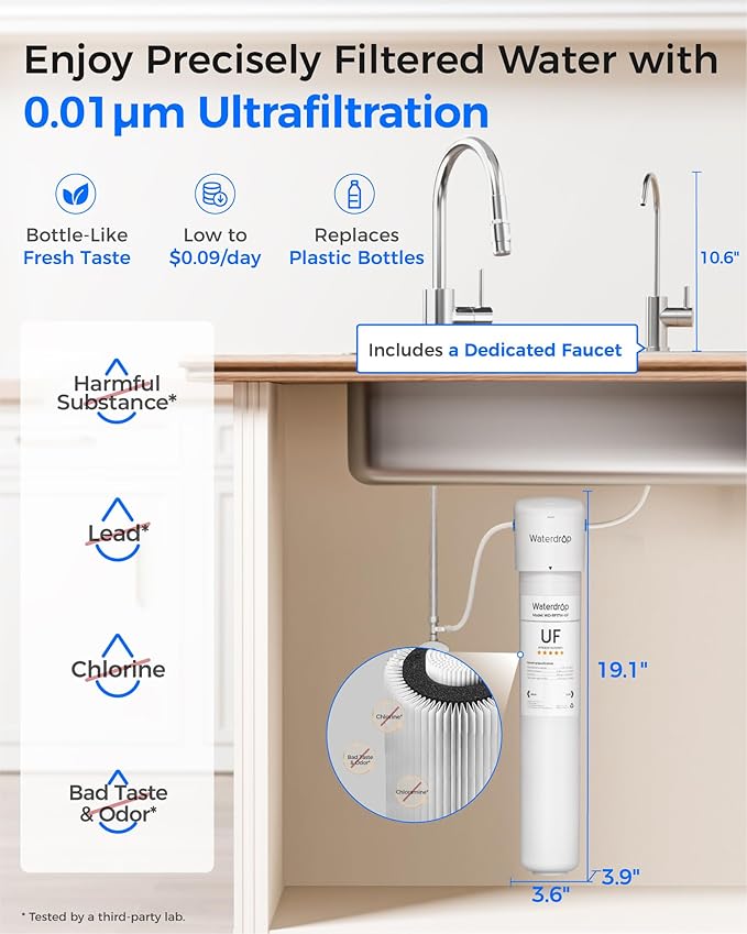 Waterdrop 17UBW-UF 0.01 μm Ultra Filtration Under Sink Water Filter System, Reduces Lead, Chlorine, Bad Taste & Odor, 3 Years, with Dedicated Brushed Nickel Faucet, USA Tech