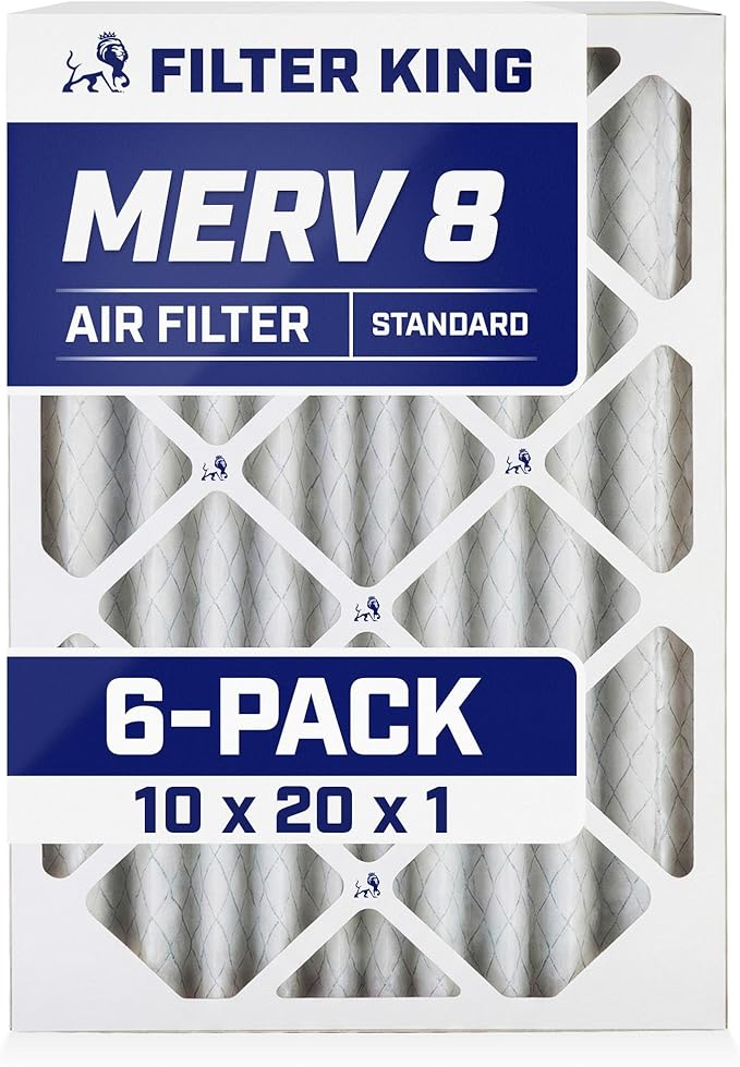 Filter King 10x20x1 Air Filter (MERV 8) (6-Pack) Dust & Allergy Control AC Furnace Filters, MADE IN USA, HVAC, Pleated, Electrostatic (Actual Size: 9.5 x 19.5 x .75)