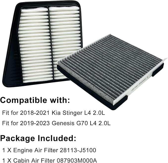 28113-J5100 Engine Air Filter and 087903M000A Cabin Air Filter Set Fit For 2018-2021 Kia Stinger L4 2.0L, 2019-2023 Genesis G70 L4 2.0L