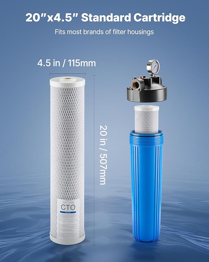 VEVOR CTO Whole House Water Filter, 20 x 4.5 Inch Universal Fit, Activated Carbon Block Cartridge Replacement, 5 Micron Coconut Shell Charcoal Filters, Reduces Chlorine, Taste & Odor, 2 Pack